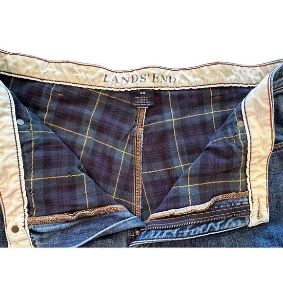 Vintage Lands' End Plaid Flannel Lined Jeans Mens 38 x 40 (ish) Tapered Leg EUC - Picture 1 of 15